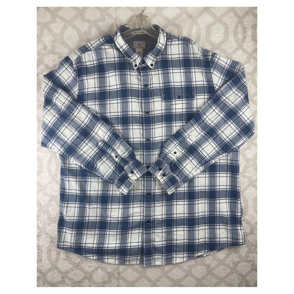 LL Bean Mens XXL Blue White Plaid Flannel Shirt Slightly Fitted 294213
